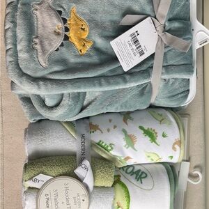 Green Dinosaur Hooded Towel Set and blanket